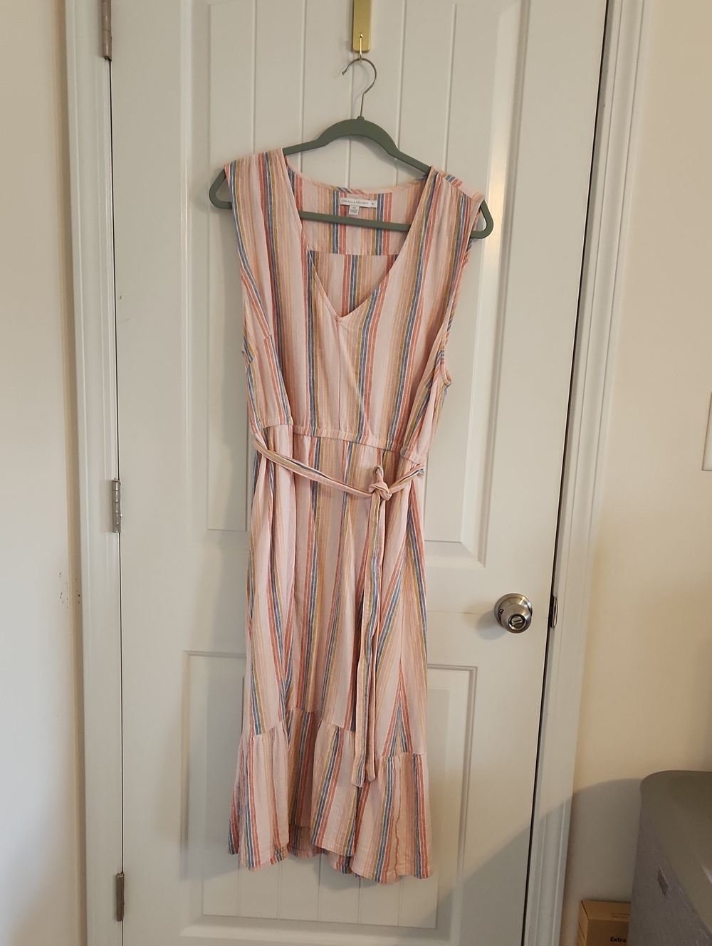 Threads 4 Thought Pink Multi-Stripe Sleeveless V-Neck Midi Dress with Waist Tie